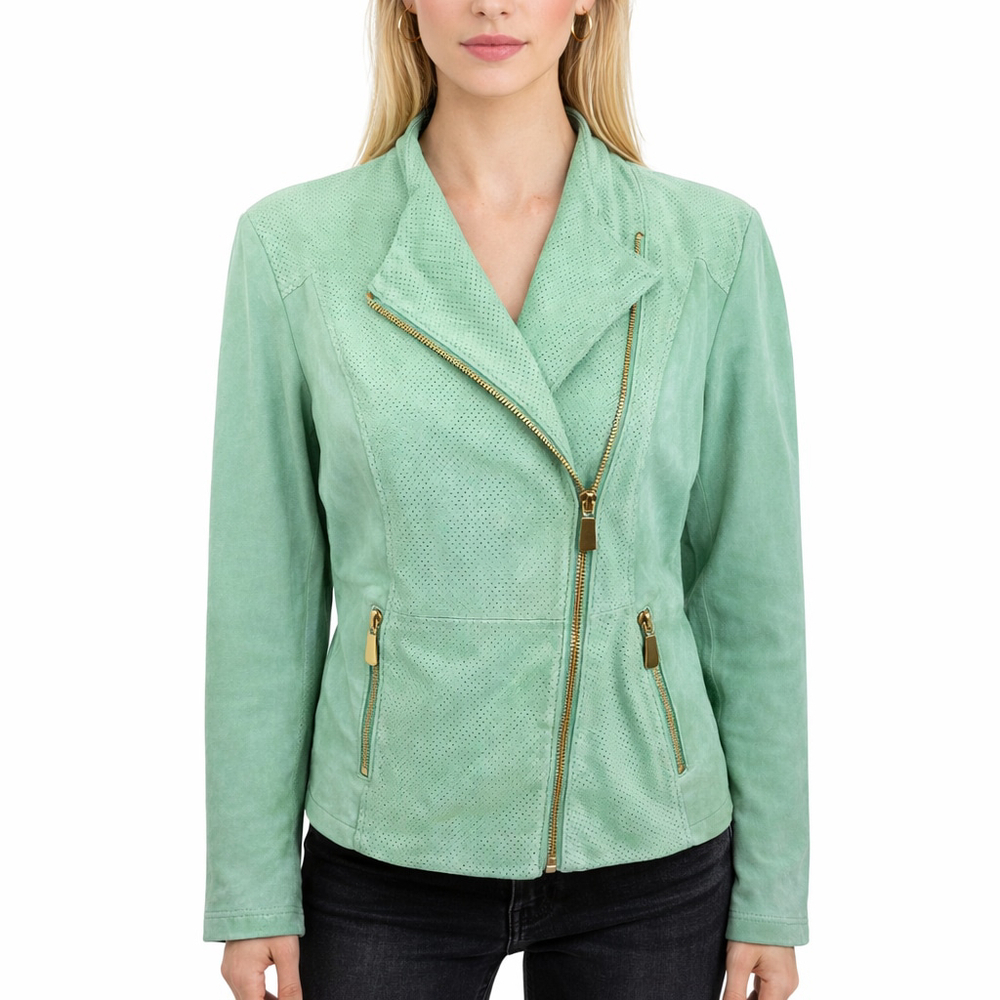 Queen Collection Mint Green Perforated Leather Moto Jacket Biker Womens Size L